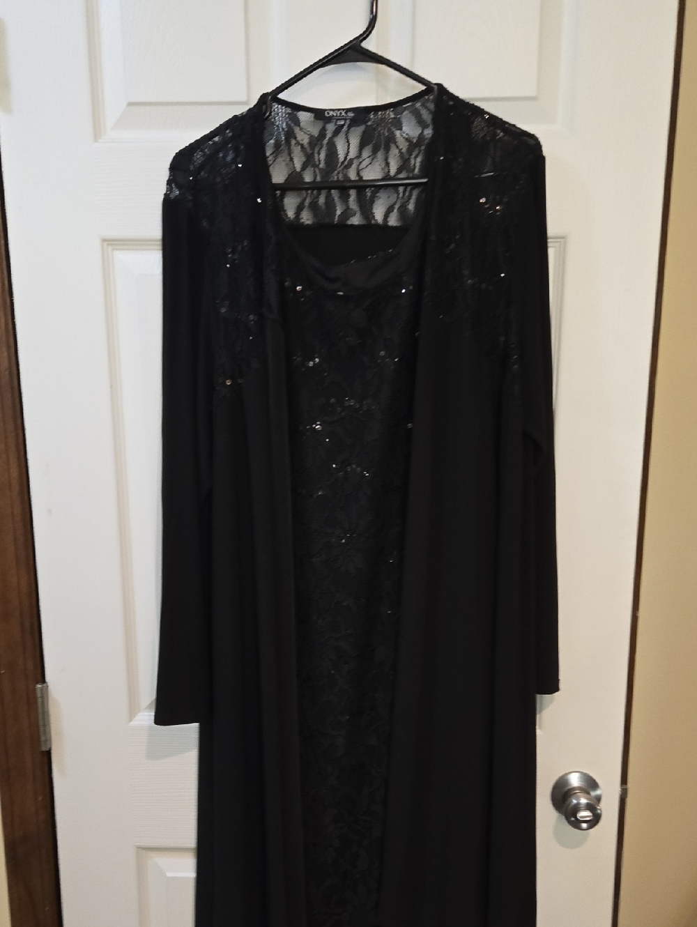 Onyx Black Lace Sequin Evening Coat and Dress Set